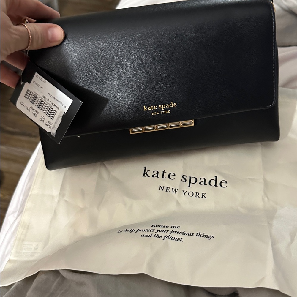 NWT Kate Spade Black Leather crossbody gold strap inside dust bag so nice 👍